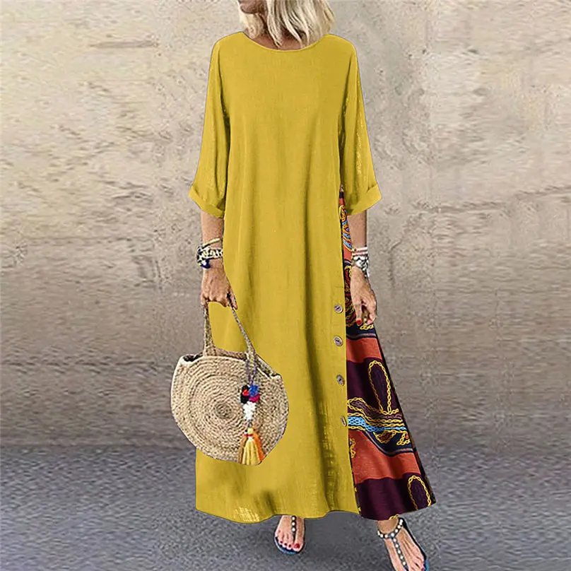 New Fashion Women Cotton Linen Dress Autumn Casual Patchwork 34 Sleeves O-Neck Button Plus Size Long Dress Women clothing 3A14 (16)