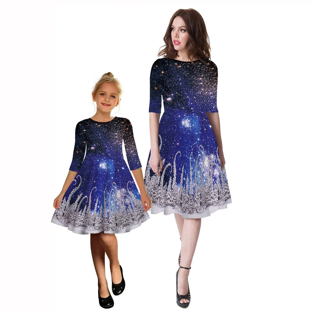 Платье для подростков; платья для мамы и дочки; платье принцессы с длинными рукавами и 3D принтом для девочек; рождественское семейное рождественское платье - Цвет: Синий