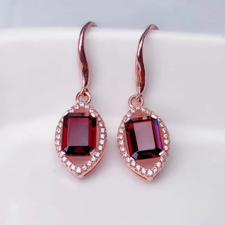 

925 Silver Plated Rose Gold Inlaid Natural Red Garnet Earrings Support Reinspection