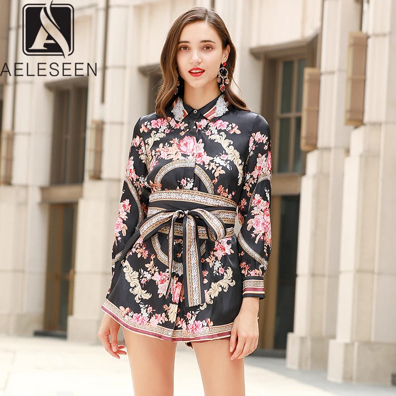 AELESEEN Office Lady Twinset Vrouwen 2019 Herfst Verborgen Enkele Breasted Volledige Mouw Lange Blouse + Korte Broek Vintage Bloemen Suits AELESEEN Office Lady Twinset Vrouwen 2019 Herfst Verborgen Enkele Breasted Volledige Mouw Lange Blouse + Korte Broek Vintage Bloemen Suits