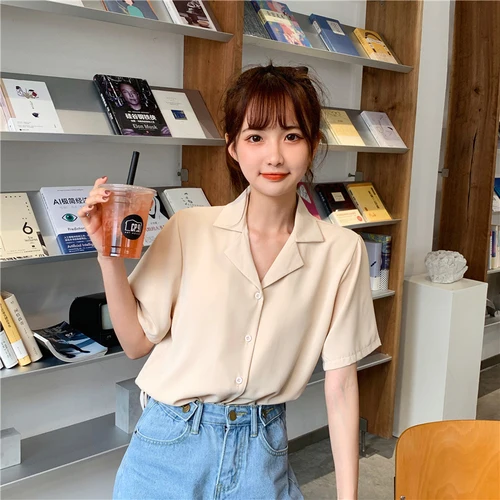 Turndown Collar Short Sleeve Chiffon Shirt Blouse Women 2020 Office Ol Overalls Shirt Casual Button Loose Summer Simple Tops beige