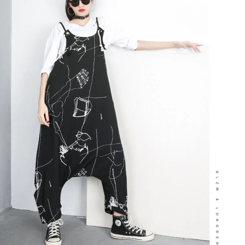 Fashion Tide Spring New Print Hanging Conjoin Jumpsuit Black Personality Street Large Size Trousers Female's Pants YG59111