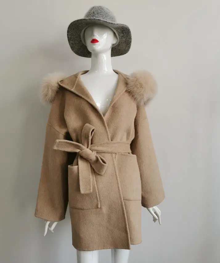 Горячая Распродажа кашемировое шерстяное пальто с воротником с натуральным лисьим мехом Повседневный Кардиган с капюшоном Женская кашемировая куртка двусторонняя - Цвет: CAMEL