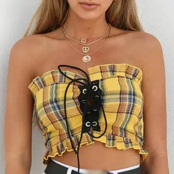 

Popular Fashion Summer Women Sexy Grid Tube Top Strapless Black Bandage Sleeveless Bra Underwear Wrap Chest Plaid