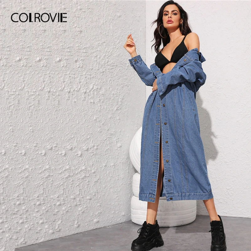 discounted COLROVIE Navy Topstitching Button Front Longline Denim Jacket Women 2019 Autumn Streetwear Ladies J