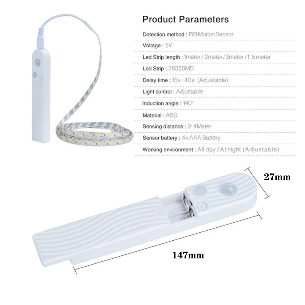 Светодиодная подсветка под шкаф 1 м 2 м 3 м PIR датчик движения светодиодная лента водонепроницаемый гибкий светодиодный светильник Питание от батареи типа ААА для гардероба лестницы