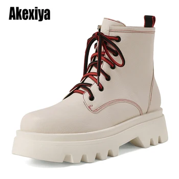

2020 New Winter Women Genuine Leather Ankle boots Platform Fashion Lace Up Round Toe High heels Beige Women Shoes u880