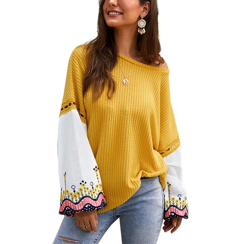 Women Sweater Pullovers Tops Embroidery Stitching Lantern Sleeve Knit Female Sweater Fashion Round Collar Sweater Autumn Tops