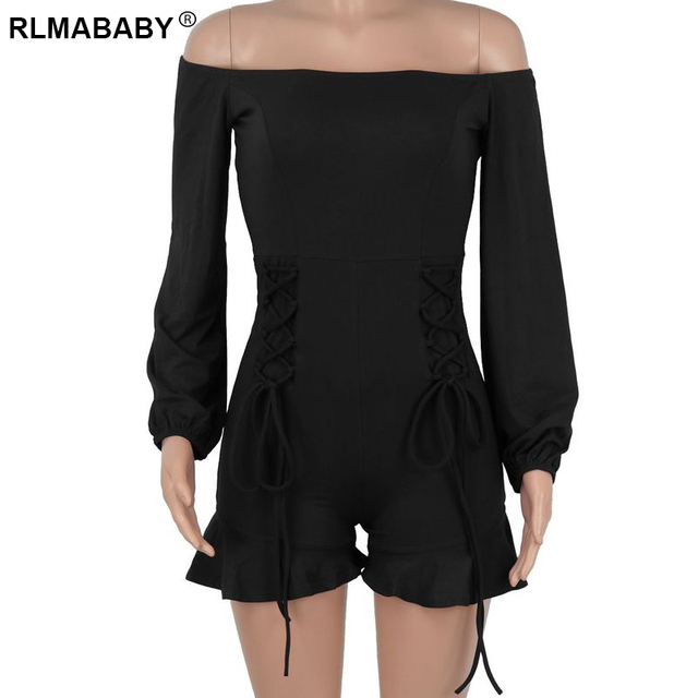 Women Off Shoulder Ruffles Hem Lace Up Playsuit Sexy Backless Long Lantern Sleeve Casual Office Lady Rompers Jumpsuit
