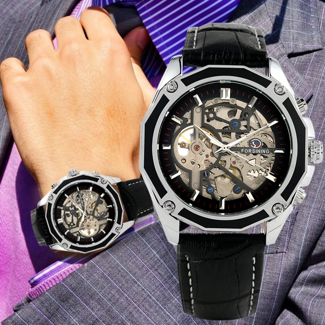 Men's Automatic Mechanical Watch Hollow Out Luxury Wristwatch Stainless Steel Skeleton Leather Strap Luminous Functions