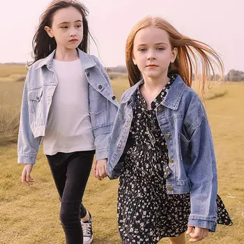 

Denim Jackets For Girls Single Breasted Turn Down Collar Coats With Multi Pockets Children Casual Overcoats Kids Autumn Outwear