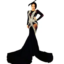 

Black Mesh Gauze Rhinestones Jumpsuit Long Trailing Decoration Perspective Dance Wear Women Nightclub Party Evening Costume