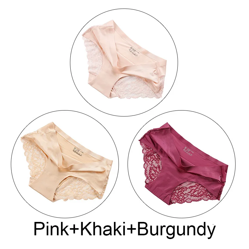 Pink Khaki Burgundy 3 шт./партия, шелковые сексуальные кружевные трусики, женские бесшовные трусики, нижнее белье с низкой посадкой, женское Прозрачное нижнее белье, юбка-брюки - Цвет: Pink Khaki Burgundy