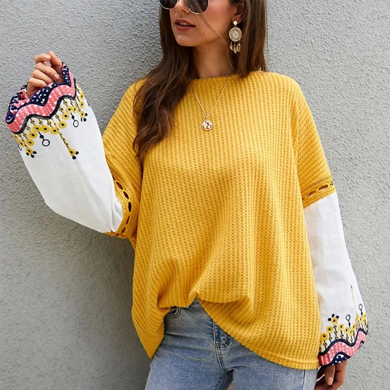 

Womens Ethnic Embroidery Floral Patchwork Sweater Long Puff Sleeves Waffle Knitted Tunic Tops Sexy Drop Shoulder Loose Jumper