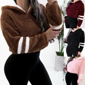 

Women Warm Teddy Bear Fluffy Fleece Fur Hoodie Hooded Sweatshirt Pullover Crop Top