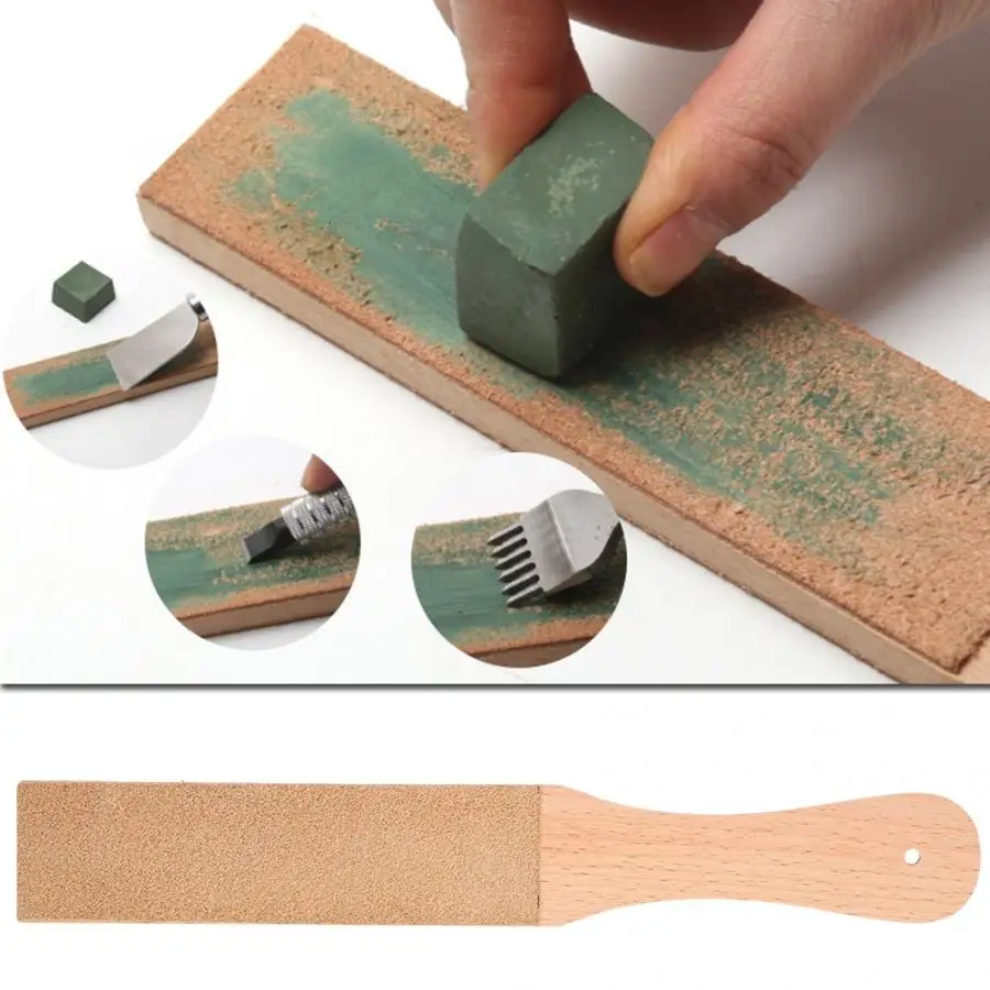 Wooden Handle Leather Sharpening Strop Polishing Board Knives Double Sided Home Sharpening Leathercraft Work Leather Tool