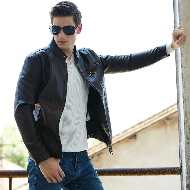 Осенняя Новая мода стоячий воротник Jaqueta Masculina Couro хорошее качество тонкая мотоциклетная куртка