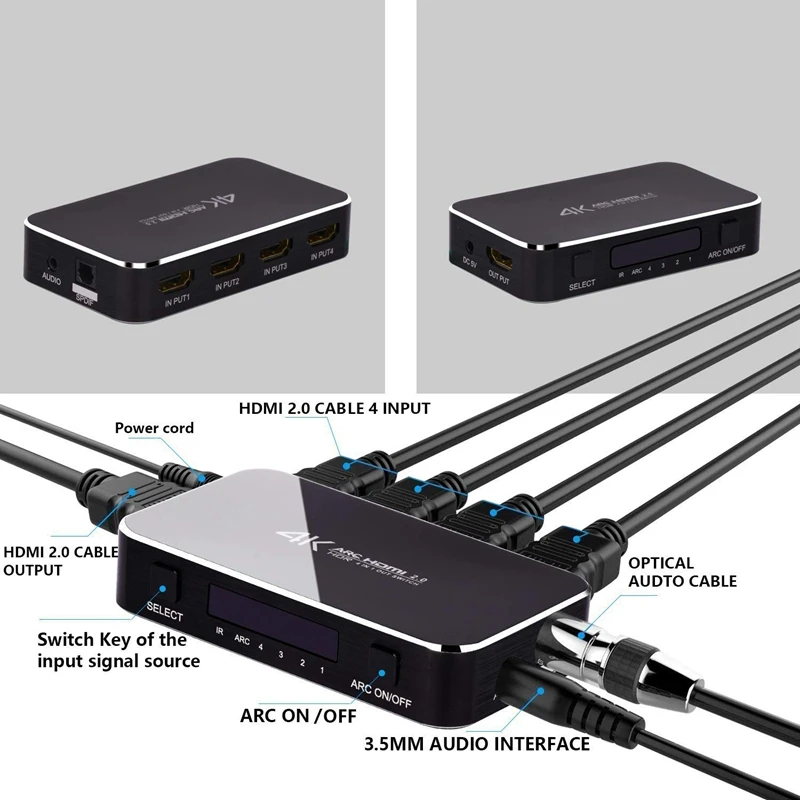 HDMI коммутатор 2,0 4K HDR 4 в 1 выход HDMI коммутатор с аудио экстрактором 3,5 разъем волоконно-оптический кабель дуги разветвитель для HDTV PS4