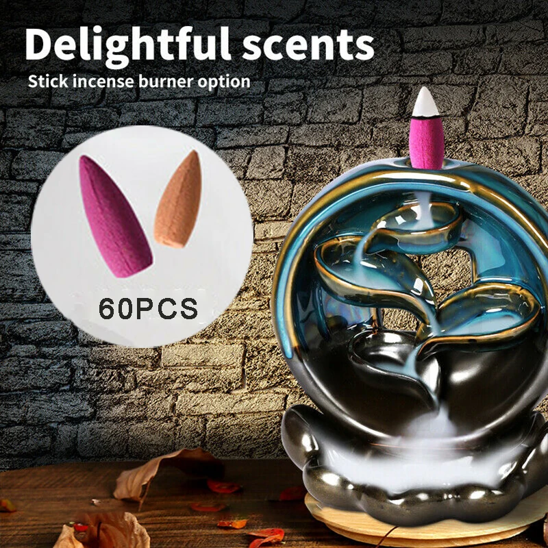 Rounded Waterfall Smoke Backflow Incense Burner Ceramic Holder+60 Cones