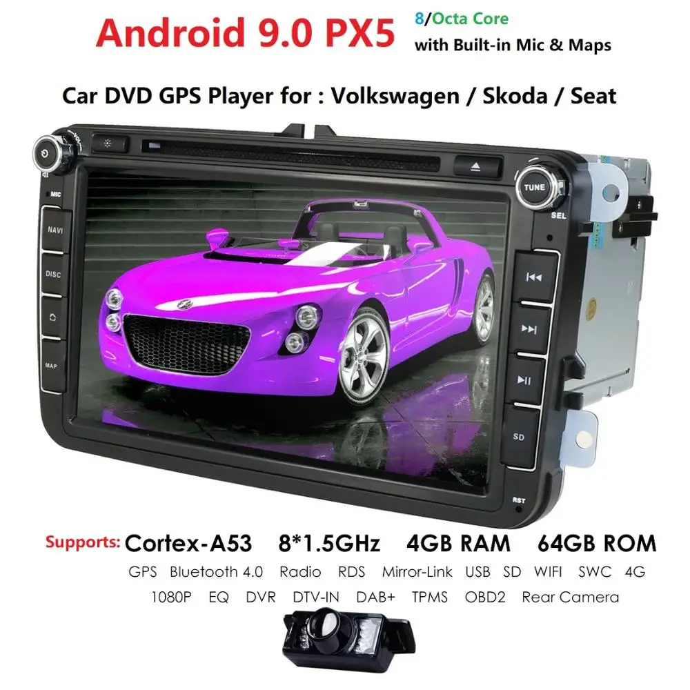 Best 2din android9.0 4Gcar dvd for vwpassat b6 b7 golf 5 tiguan polo octavia rapid fabia car multimedia player OctaCore 4GRAM+64GROM 5