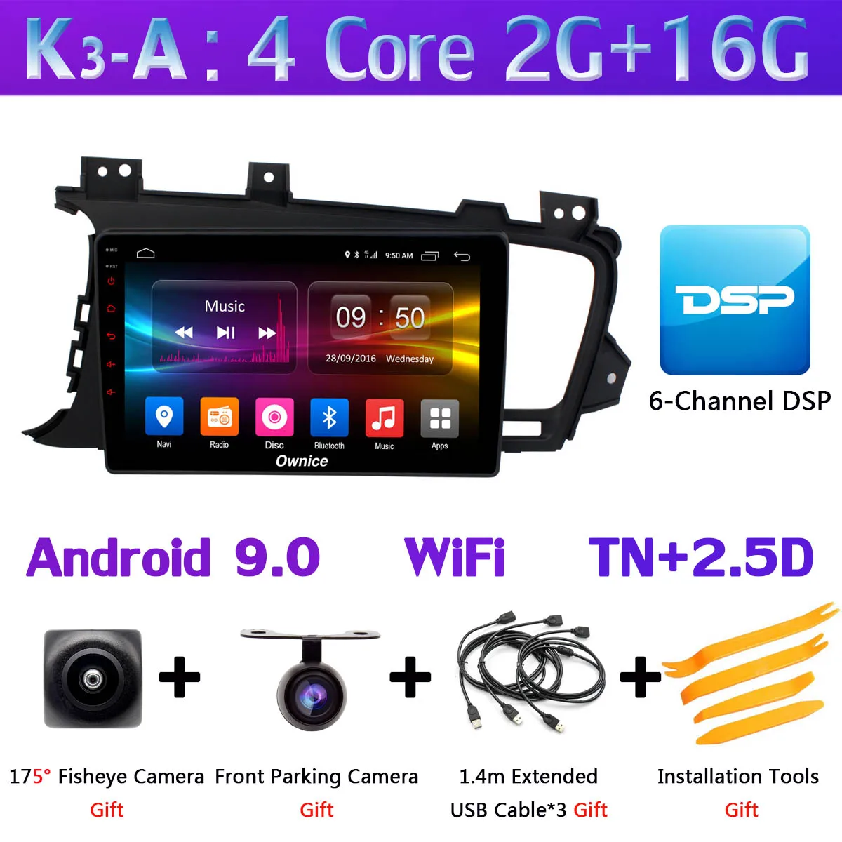 K3-A Панорамная камера 360 ° 4G LTE Android 9,0 4G+ 64G DSP CarPlay Автомобильный gps радио плеер для Kia K5 Optima 3 2011 2012 2013 - Цвет: K3-A