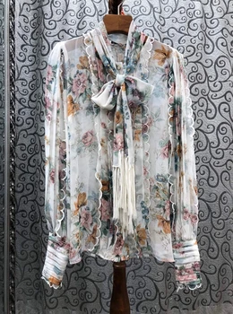 

2020 Spring New Women's Thin Wild Neckline Ribbon Printed Top 0505