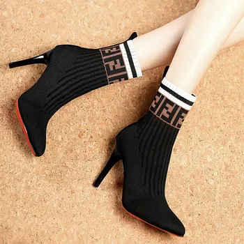 

Women Sock Boots Pointed Toe Elastic High Slip On Heel Ankle Pumps Sexy Stiletto Botas Fashion Sock Shoes Boots Zapatos De Mujer