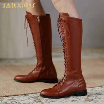 

Brand New 2020 Big Size 45 Split Leather Top Quality Women Winter Shoes Female Knee High Riding Boots
