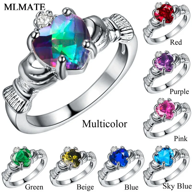 Love Heart Claddagh Rainbow CZ Ring Rhodium Plated Wedding Bands AAA Zircon Jewelry Women Accessories Engagement | Украшения и