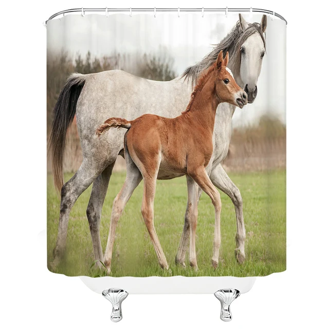 Black White Horse Shower Curtains Strong Animal Running on the Snow Bathroom Decor Home Bathtub Waterproof Polyester Curtain Set G4687