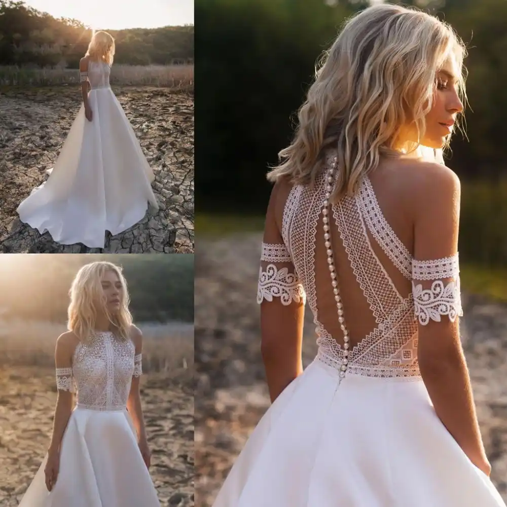 Vestidos De Novia De Estilo Bohemio Para Mujer Vestidos De Novia De Encaje Acampanados Vestidos De Novia Con Botones En La Espalda Vestidos De Novia Aliexpress