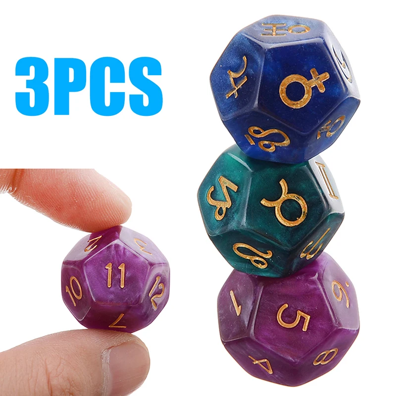 Mayitr 3 pcs 12-sided Polyhedral Dice Astrology Creative Dice For Constellation Games