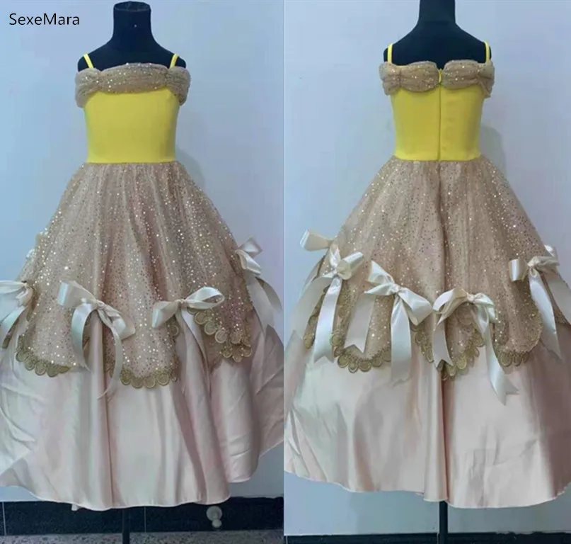 same as picture SexeMara Gold Flower Girl Dress for Wedding Yellow Top Satin Tulle Sequins Girls Pageant Gown Custom Made Size - Цвет: same as picture
