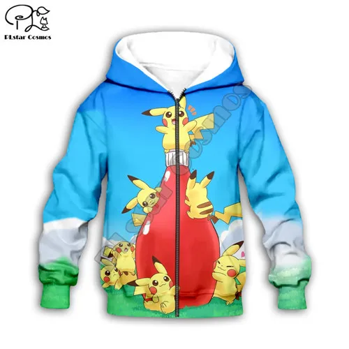 Kids zip hoodies Детский комплект; толстовки с капюшоном с изображением покемона; худи на молнии с 3D принтом Пикачу для маленьких девочек и мальчиков; Kawaii; свитер; пуловер; Семейные рубашки с капюшоном; брюки - Цвет: Kids zip hoodies