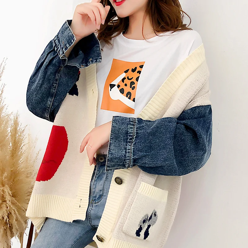 creamy white Neploe Women Sweater Cardigans Autumn Winter Korean Demin Patchwork Knit Coat Jacket Cartoon Embroidery Knitwear Coat 55334 - Color: creamy white
