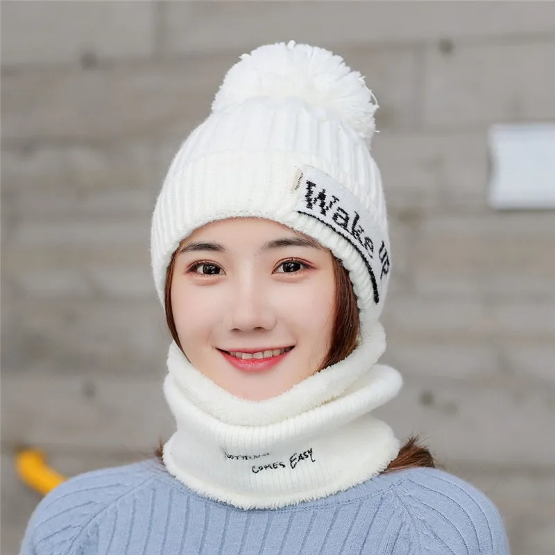 Прямая, комплект из 2 предметов для девочек, женские шапки Skullies Beanies, шапка с воротником, комплект для женщин, зимняя теплая вязаная шапка и шарф - Цвет: white 2pc