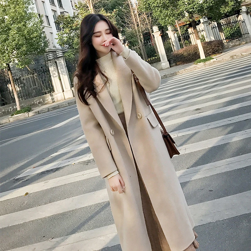Tataria, свободное теплое шерстяное пальто, Женское зимнее длинное пальто для женщин, элегантное шерстяное пальто с отложным воротником, верхняя одежда, куртка для женщин - Цвет: Apricot