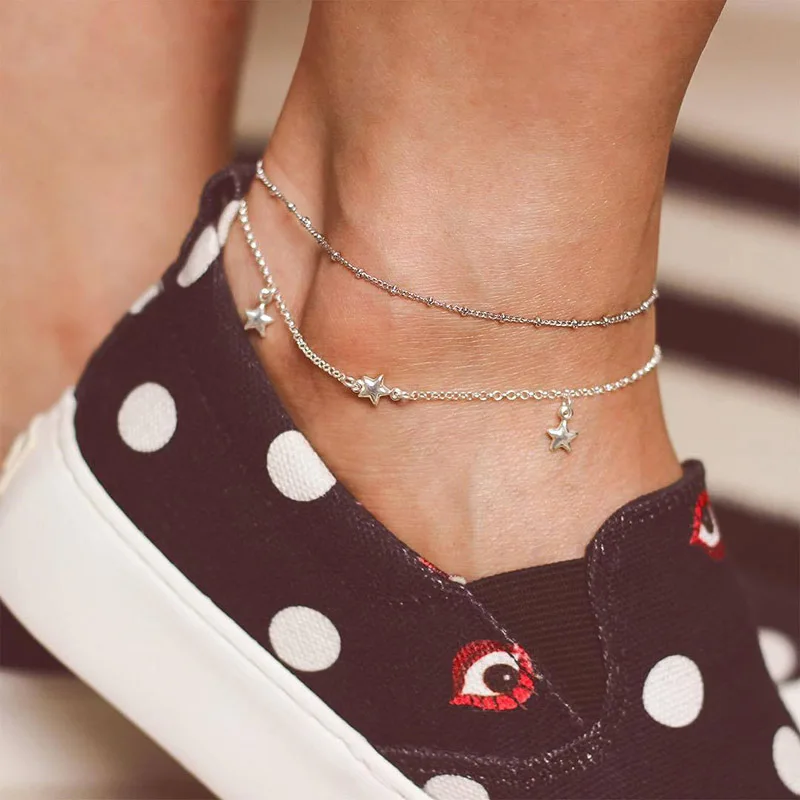 

2Pcs/Set Ankle Anklet Bracelet Set Star Link Chain Silver Color Barefoot Beach Anklets For Women Fashion Holiday Summer Jewelry
