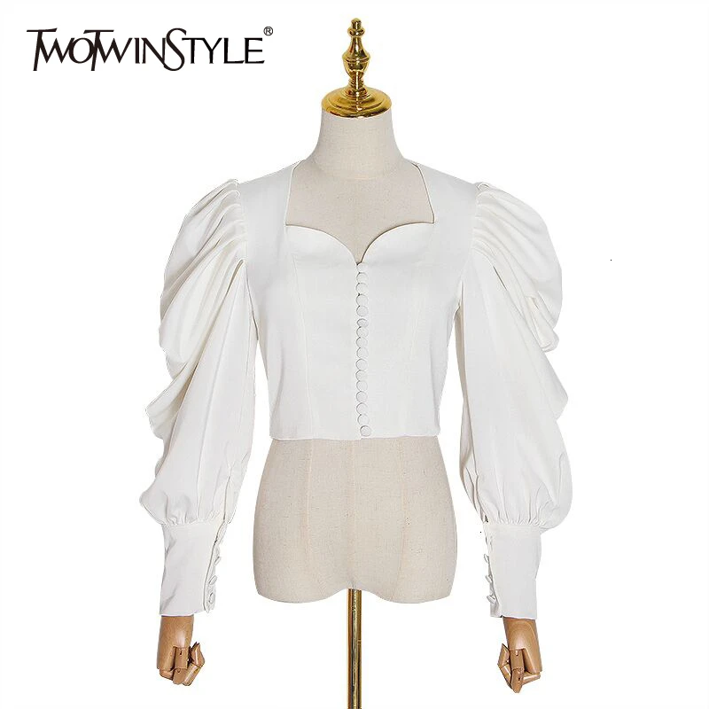 TWOTWINSTYLE Vintage Beading Ruched Blouses For Women Square Collar Lantern Long Sleeve Autumn Shirt Female Fashion Clothing New TWOTWINSTYLE Vintage Beading Ruched Blouses For Women Square Collar Lantern Long Sleeve Autumn Shirt Female Fashion Clothing New
