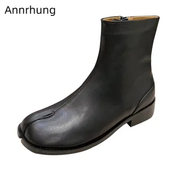 

2019 New Autumn Ankle Boots Women Split Toe Genuine Leather Shoes Cozy Low Heel Square Heel Boots Side Zipper Short Botas Mujer