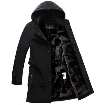 

Winter Mens Hooded Wool Coat Men Single Breasted Thicken Velvet Warm Long Overcoat Male Long Woolen trench Jacket 4xl plus size