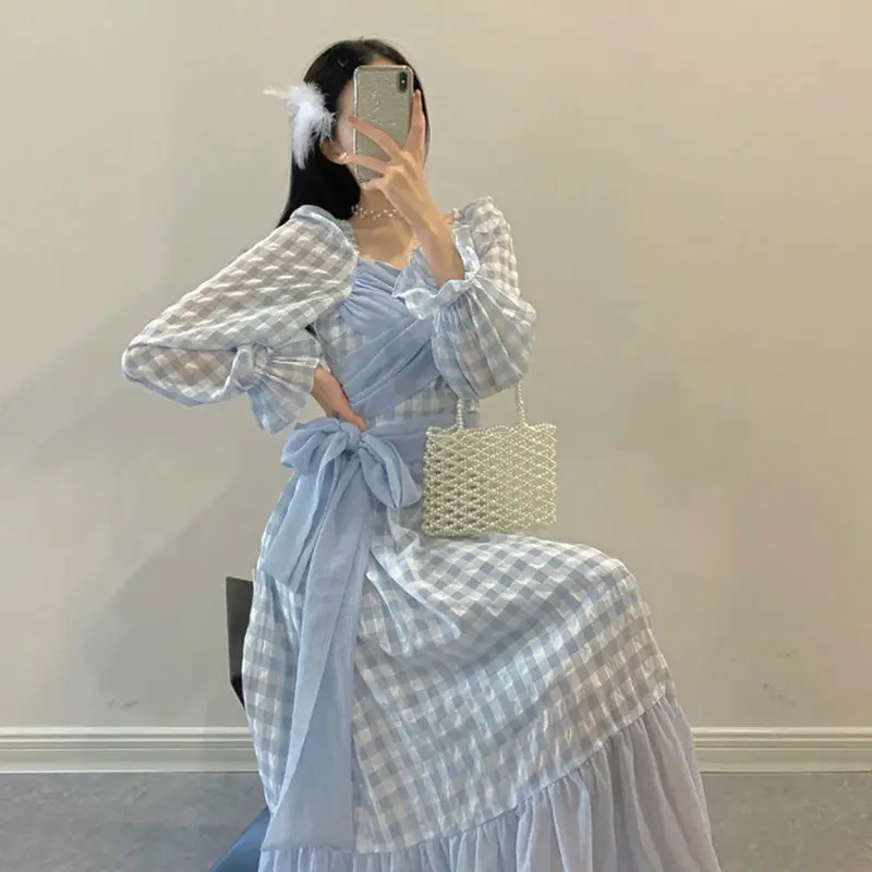 Spring And Autumn French Retro Bubble Long-Sleeved Tie Ruffled Plaid DressMid-Length Princess Dress Blue Sweet Temperament Dress sweater dress