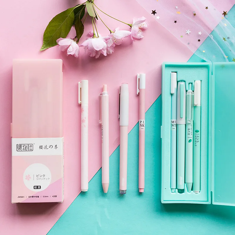 

Macaroon Color Pink Mint Sakura Gel Pen Set with Pencil Box Cute School Office Pens 0.5mm Black Ink Girls Gift Stationery