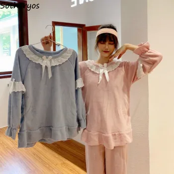 

Pajama Sets Women Solid O-neck Long Sleeve Thickening Womens Korean Style New Home Clothing Soft Elegant Warm Simple Loose New
