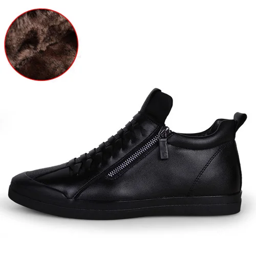 Black With Fur JUNJARM; мужские ботинки; теплая плюшевая мужская зимняя обувь; модные мужские зимние ботинки; мужские ботильоны на молнии; мужская обувь с хлопковой подкладкой черного цвета - Цвет: Black With Fur