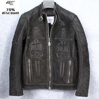 

2020 Vintage Black Men Skull Pattern Biker's Leather Jacket Plus Size XXXXL Genuine Thick Cowhide Slim Fit Riding Leather Coat