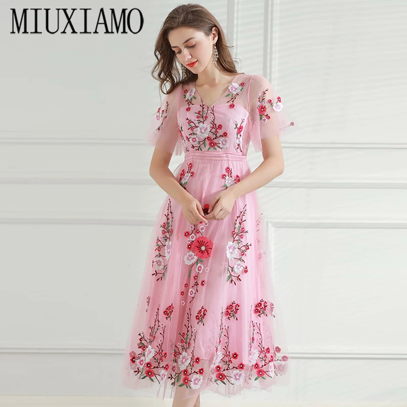

MIUXIMAO 2021 Summer Spring Fashion Runway Dress Women's Flare Sleeve Floral Embroidery Elegant Mesh Hollow Out Long Dresses