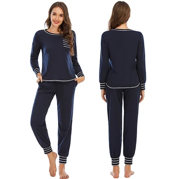 

Woman Pajamas Sets Autumn Winter European And American Casual Stripe Printed Sleepwear Female Round Neck Long Sleeve Home Wear