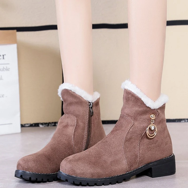 chic rhinestone metal pendant snow boots nubuck flock plush warm round toe non-slip martin booties thicken chunky side zip boots