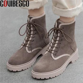 

COVIBESCO 2020 Autumn Winter Genuine Leather Warm Boots Mixed Colors Platform Thick Heels Pumps Newest Winter Party Shoes Woman